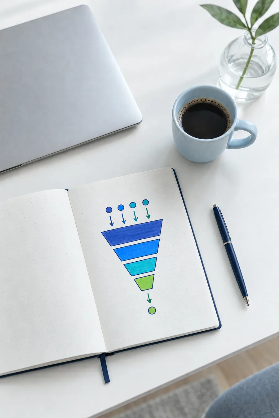 A notebook with a hand-drawn funnel sketch on a desk beside a laptop and coffee